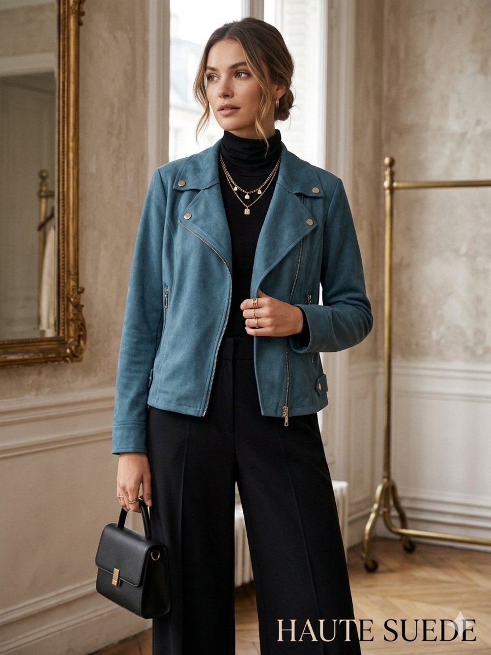 Chic Slate Blue Faux Suede Moto Jacket